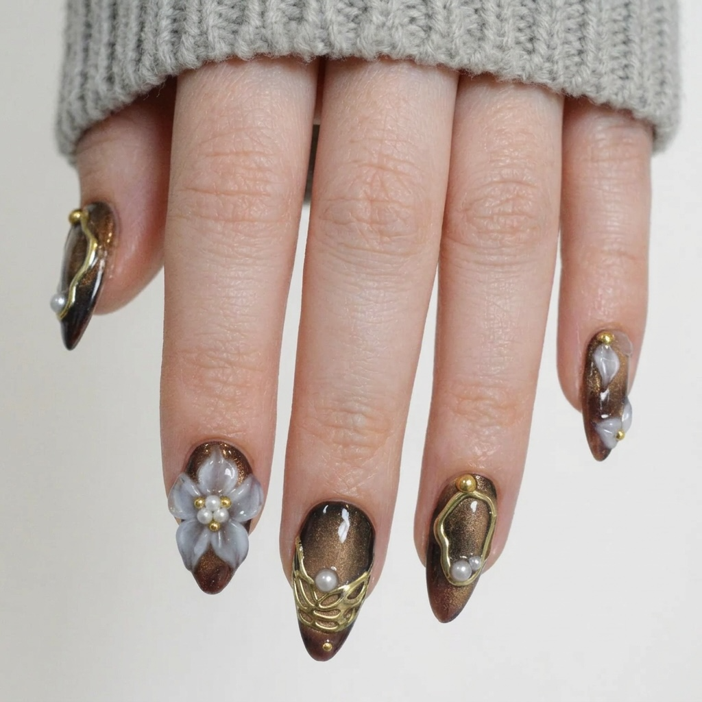 Gilded Mocha Bloom | 14-Piece Extended Size Press-On Nail Set