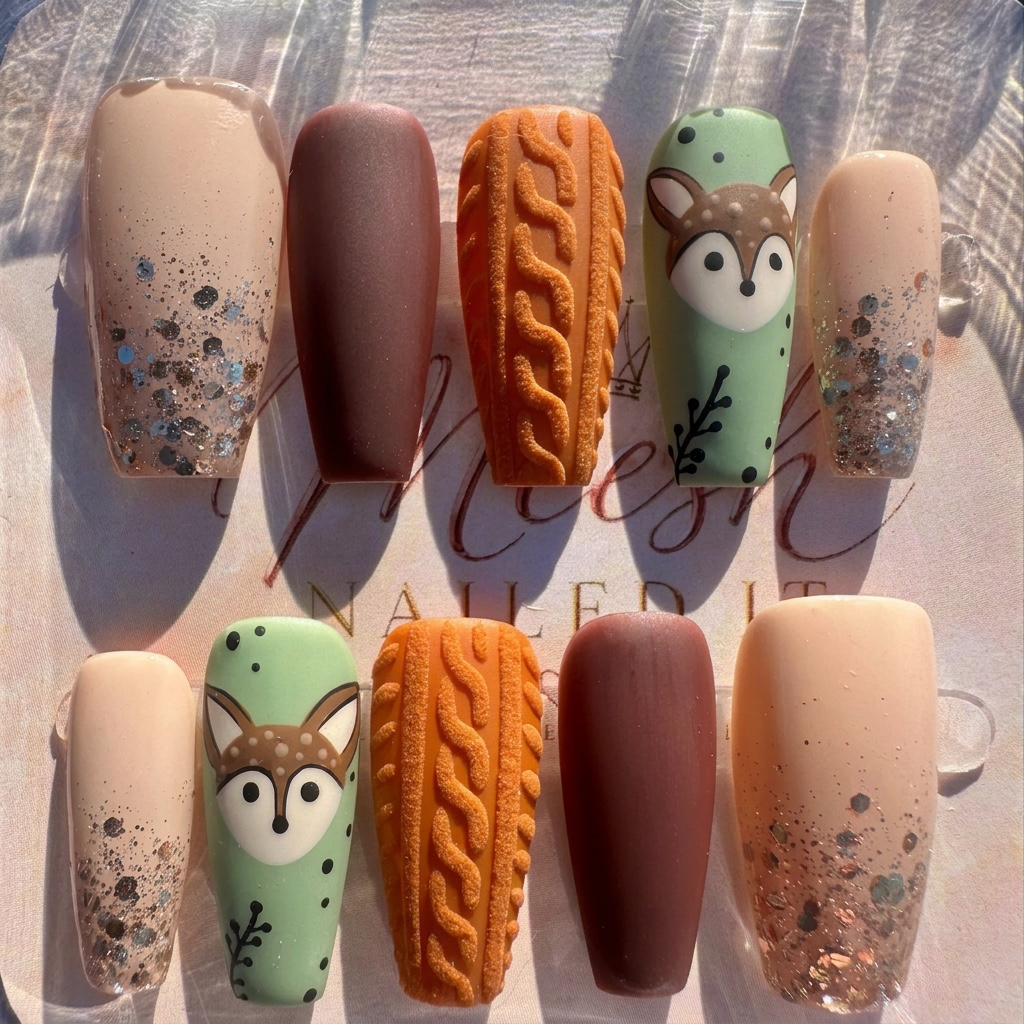 Cozy Woodland Fox Press-On Nails – Medium Coffin, Size Medium
