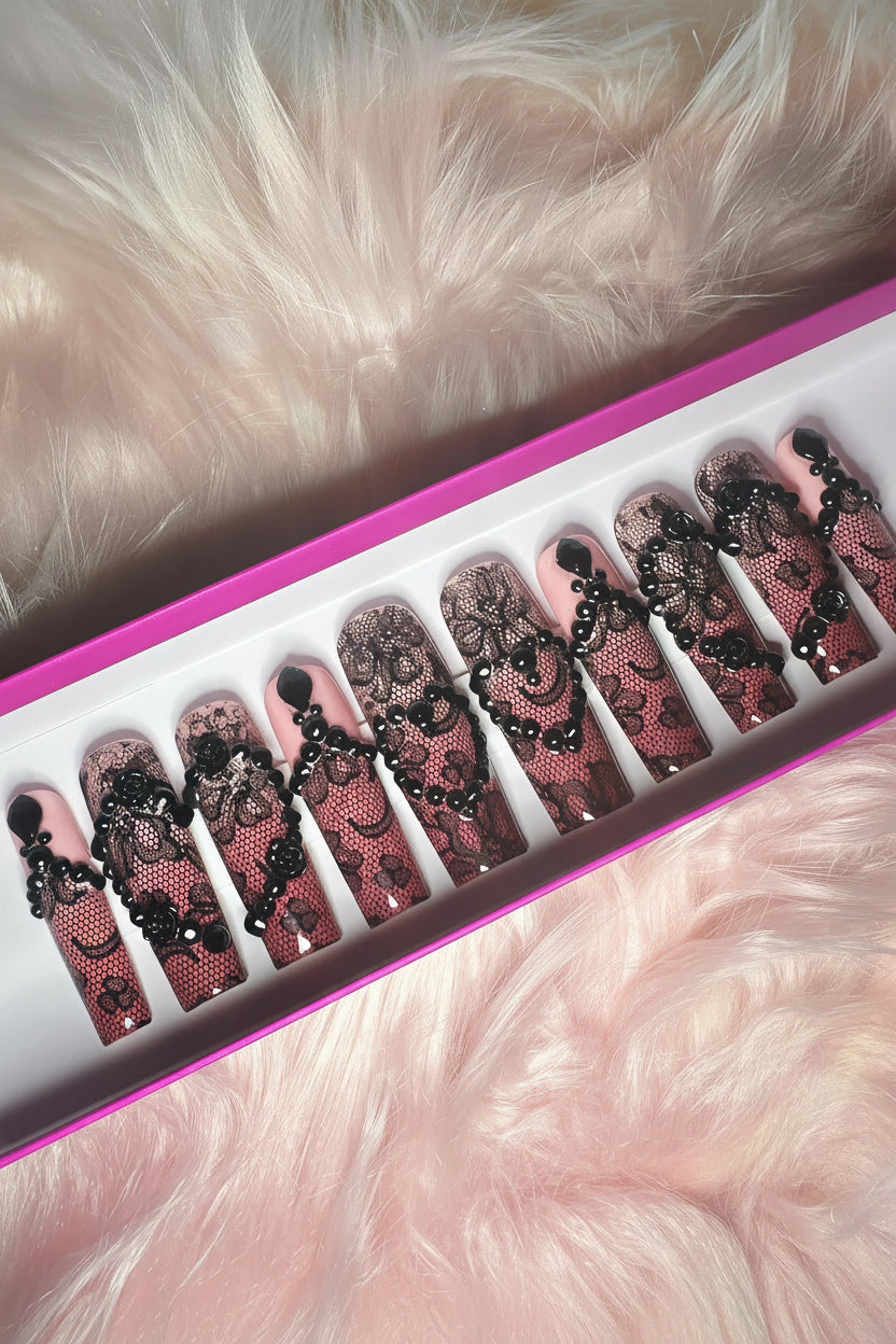 Midnight Lace Romance Press-On Nails | Extra Long Square | Size Medium
