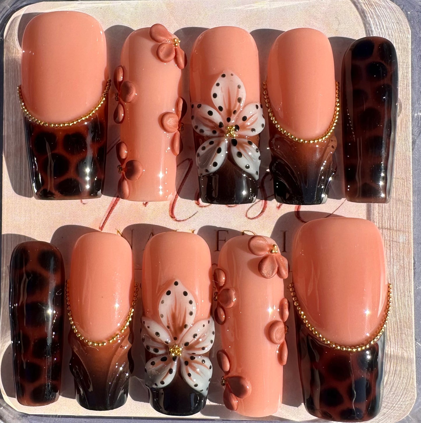 Tortoiseshell Floral French Press-On Nails – Medium Square, Size Large