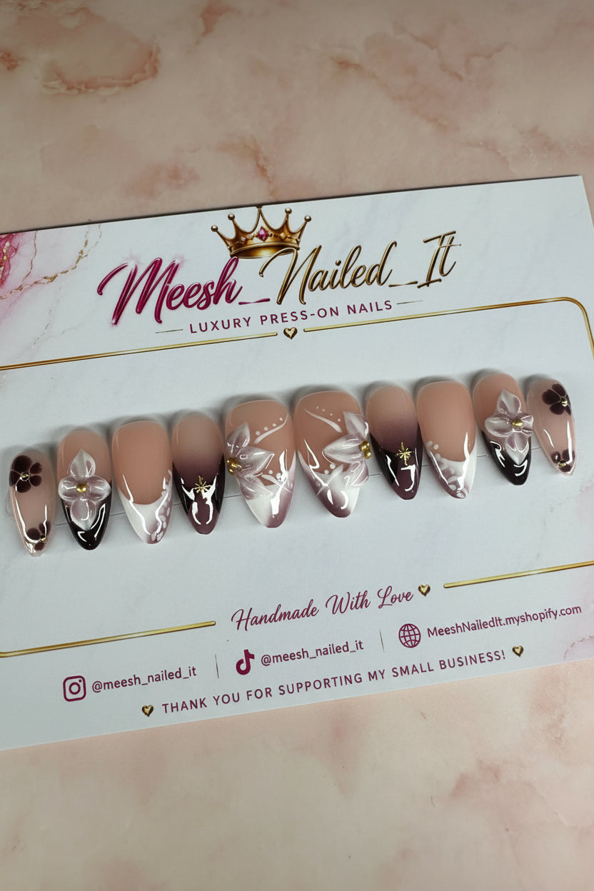 Mocha Blossom 🌸 Luxury Handmade Floral Press-On Nails size large