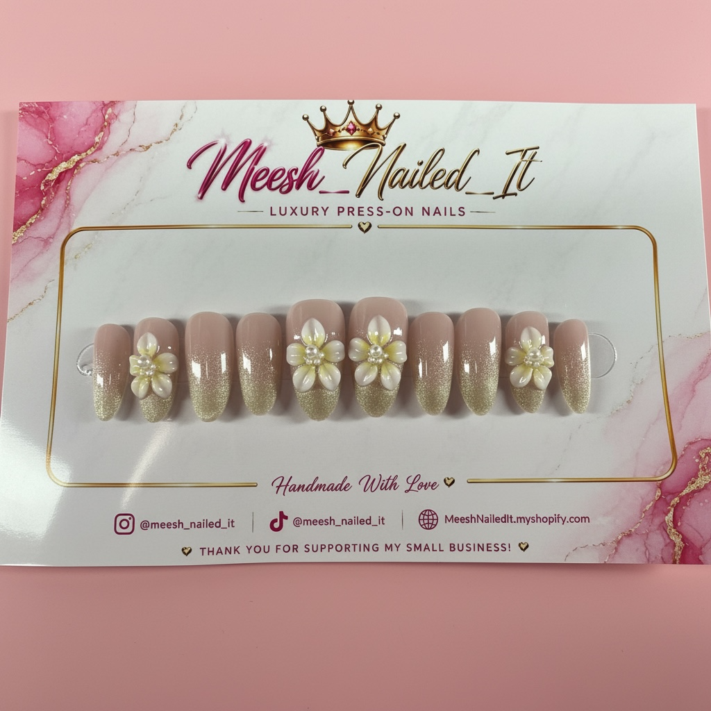 Champagne Floral Medium Almond Press-On Nails | Size Medium | Handmade 3D Flower Nail Set