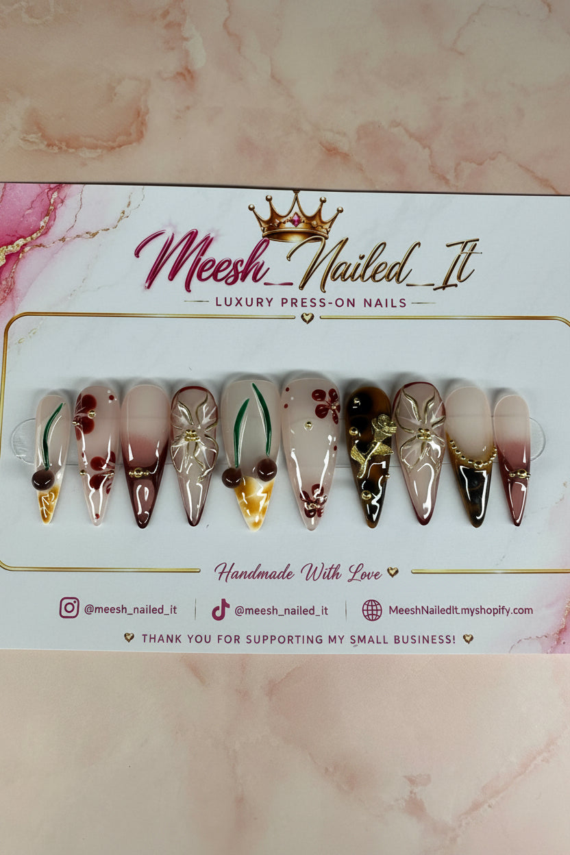 Cherry Mocha Garden 🍒🤎🌿 Luxury Handmade Press-On Nails | Long Stiletto | Size Medium