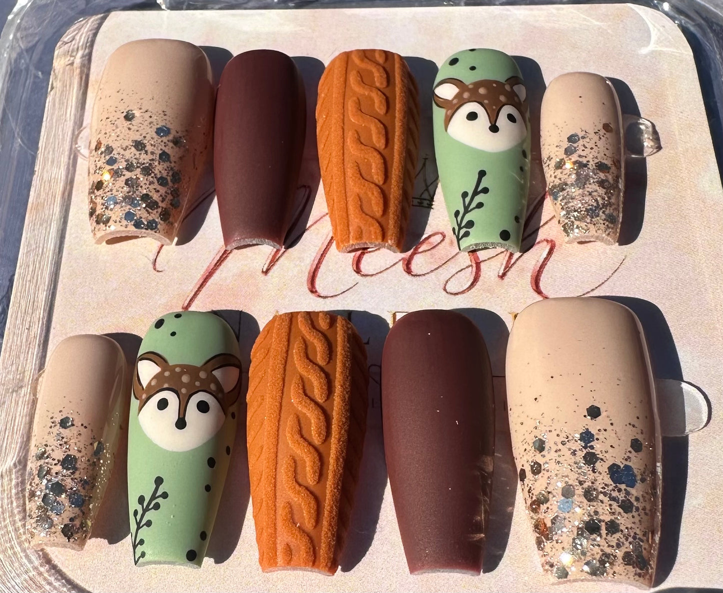 Cozy Woodland Fox Press-On Nails – Medium Coffin, Size Medium