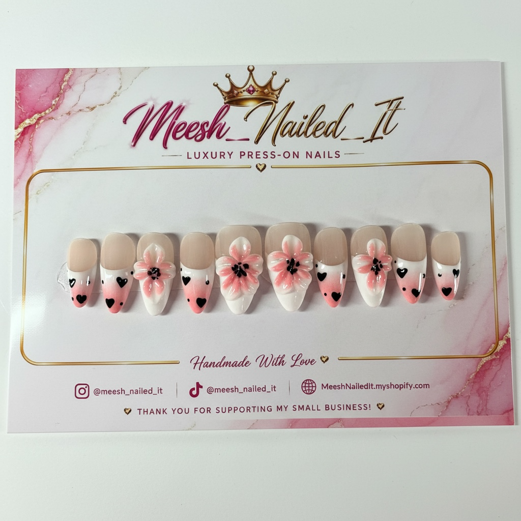 Pink Floral Heart Medium Almond Press-On Nails | Size Medium | Handmade 3D Flower Nail Set