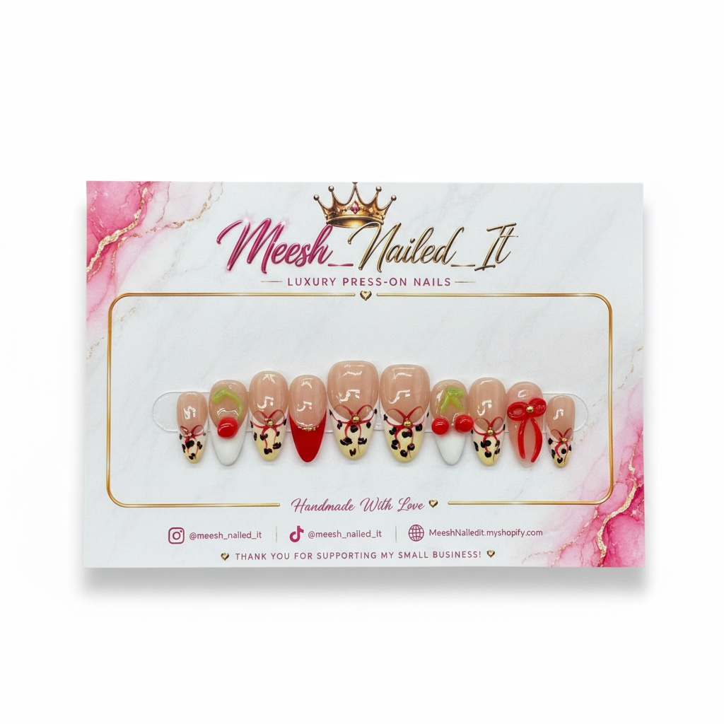 Cherry Leopard Bow Medium Almond Press-On Nails | Size Medium | Handmade Nail Set