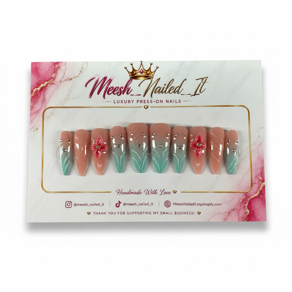 Floral French Long Almond Press-On Nails | Size Large | Handmade Rhinestone Nail Set