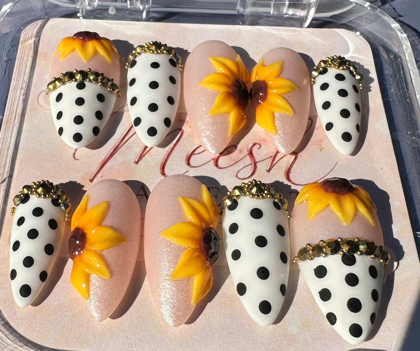 Sunflower Polka Dot Press-On Nails – Medium Almond, Size Medium