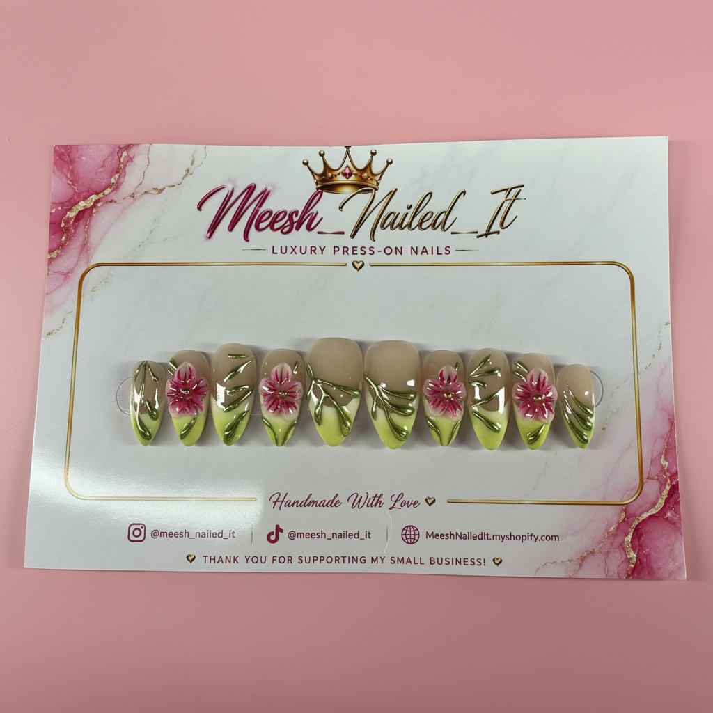 Pink Floral Green Chrome Medium Almond Press-On Nails | Size Medium | Handmade Nail Set