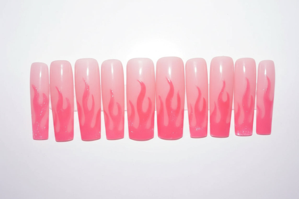 Molten Pink Flames Press-On Nails | XL Square | Size Medium