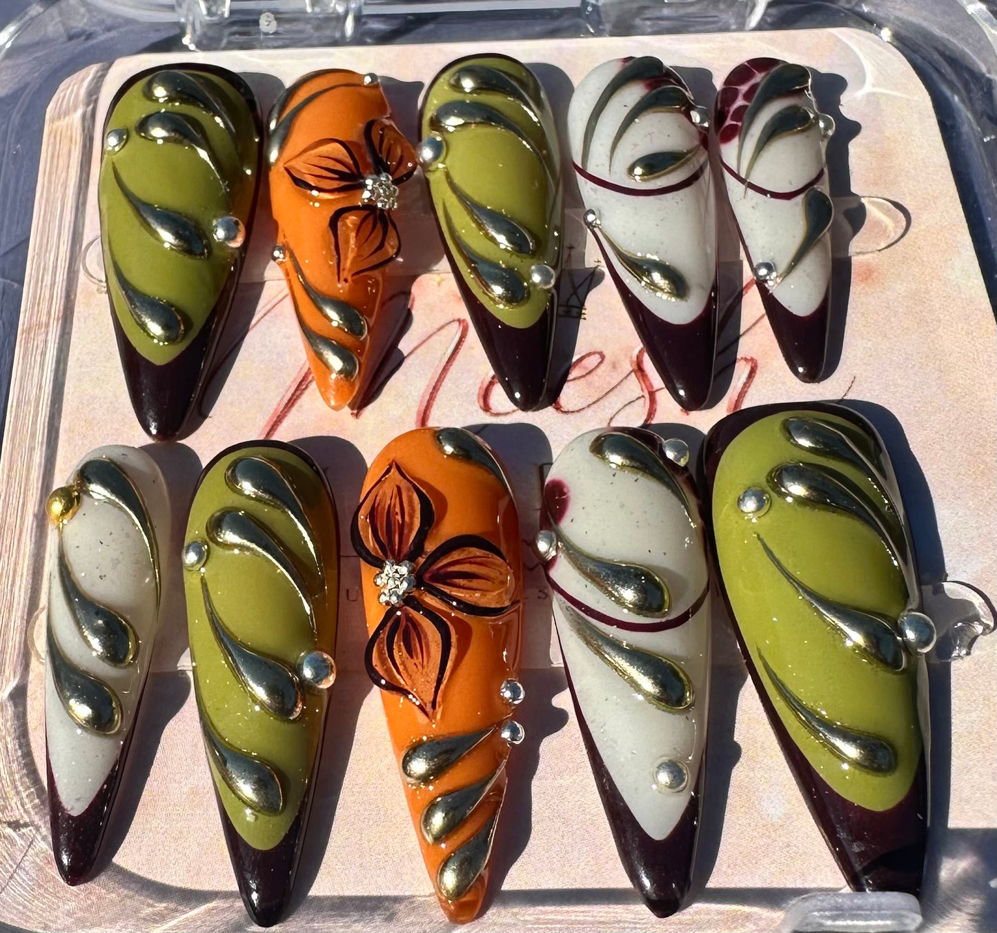 Olive Ember 3D Floral Press-On Nails – Long Almond, Size Small