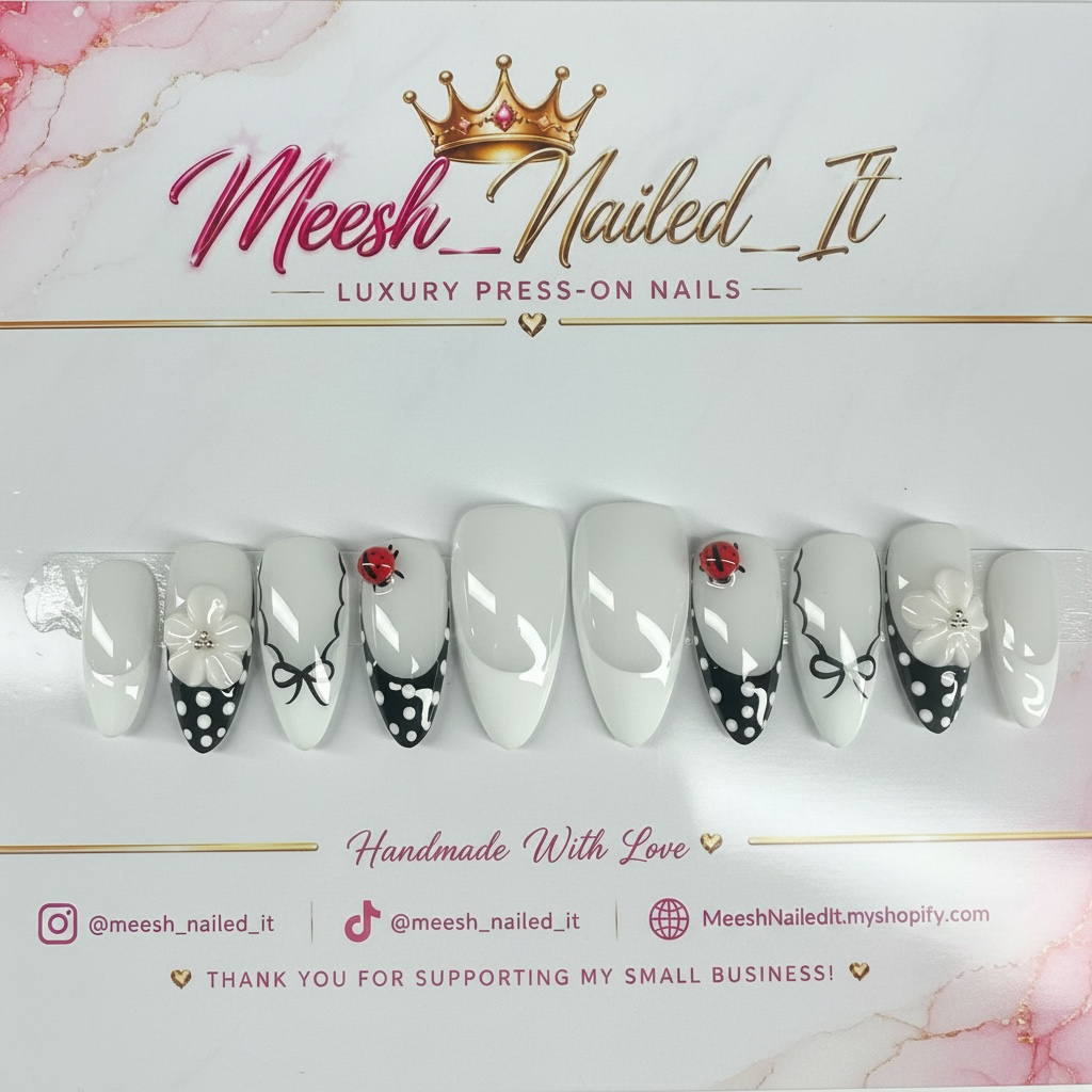 Black & White Garden Party | Handmade Medium Almond Press-On Nails | Size Small