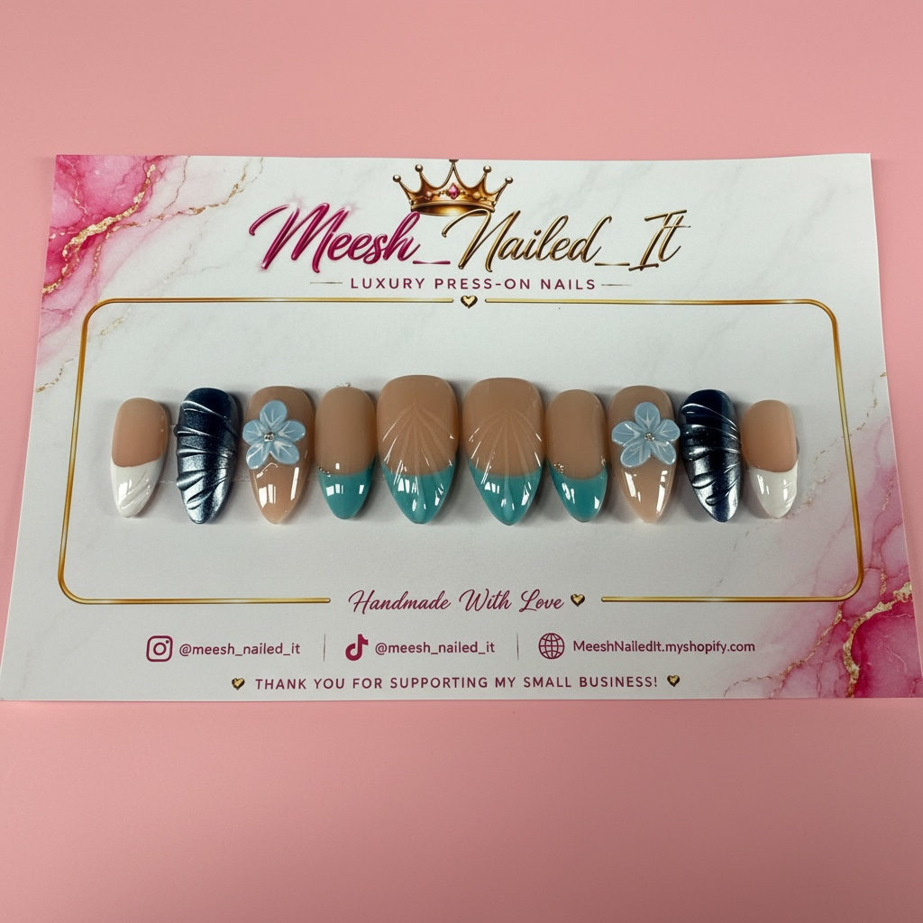 Teal Floral Medium Almond Press-On Nails | Size Large | Handmade 3D Flower Nail Set