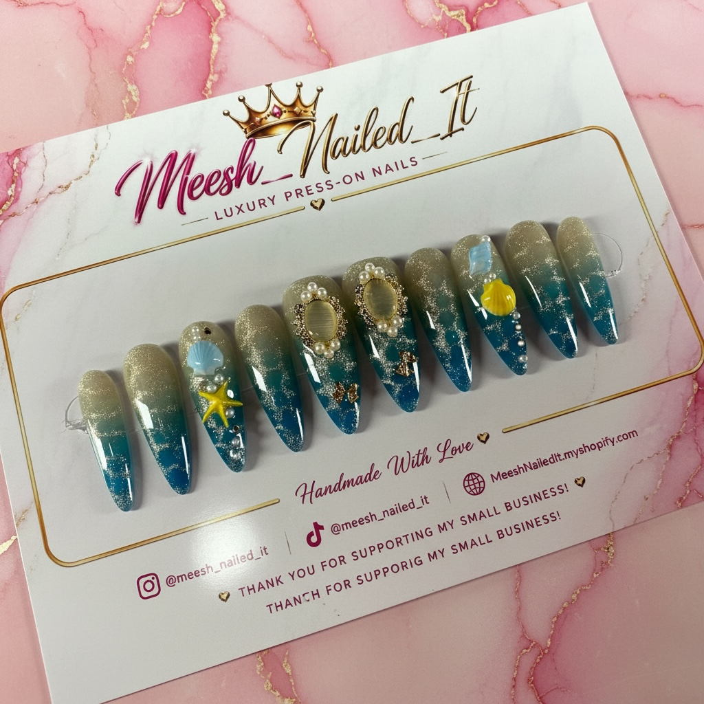Ocean Treasure Long Almond Press-On Nails | Size Small | Handmade Seashell & Pearl Nail Set