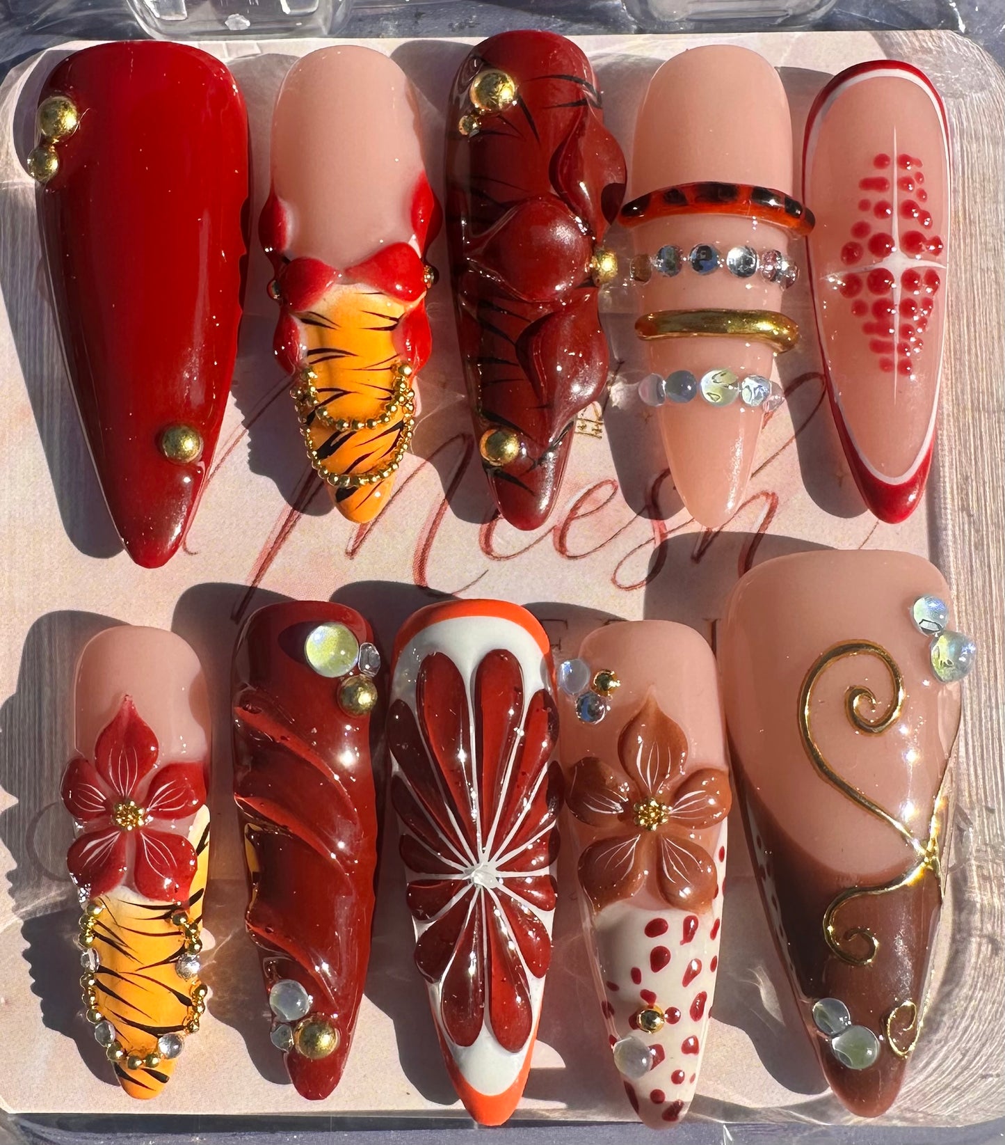 Ruby Garden 3D Floral Press-On Nails – Long Almond, Size Large