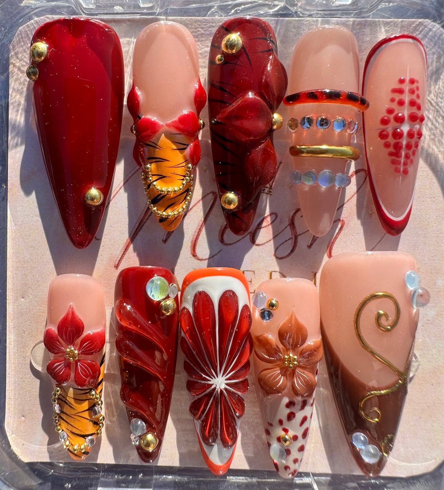 Ruby Garden 3D Floral Press-On Nails – Long Almond, Size Large