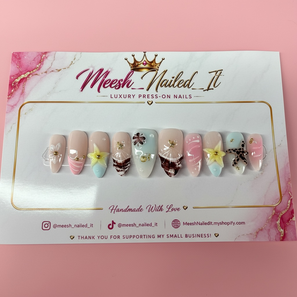 Seaside Starfish Medium Almond Press-On Nails | Size Medium | Handmade Beach-Inspired Nail Set