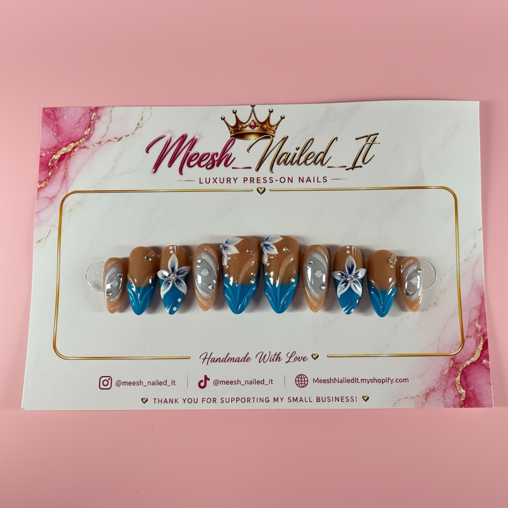 Blue Floral Medium Almond Press-On Nails | Size Small | Handmade 3D Flower Nail Set