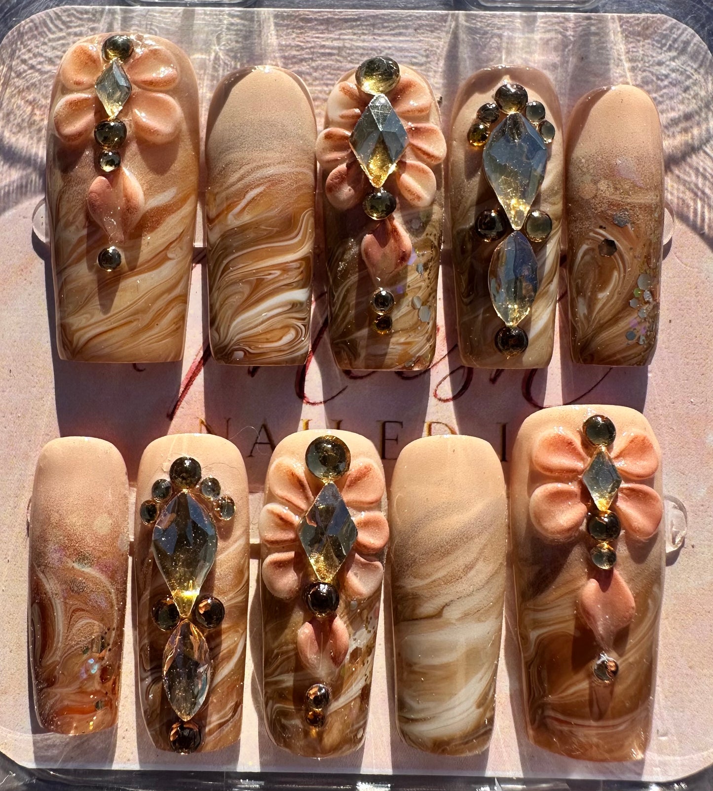 Autumn Amber Marble 3D Floral Press-On Nails – Medium Square, Size Medium