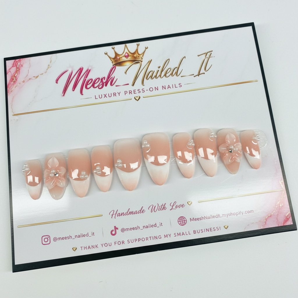 Blushing Blossom | Handmade Medium Almond Press-On Nails | Size Medium