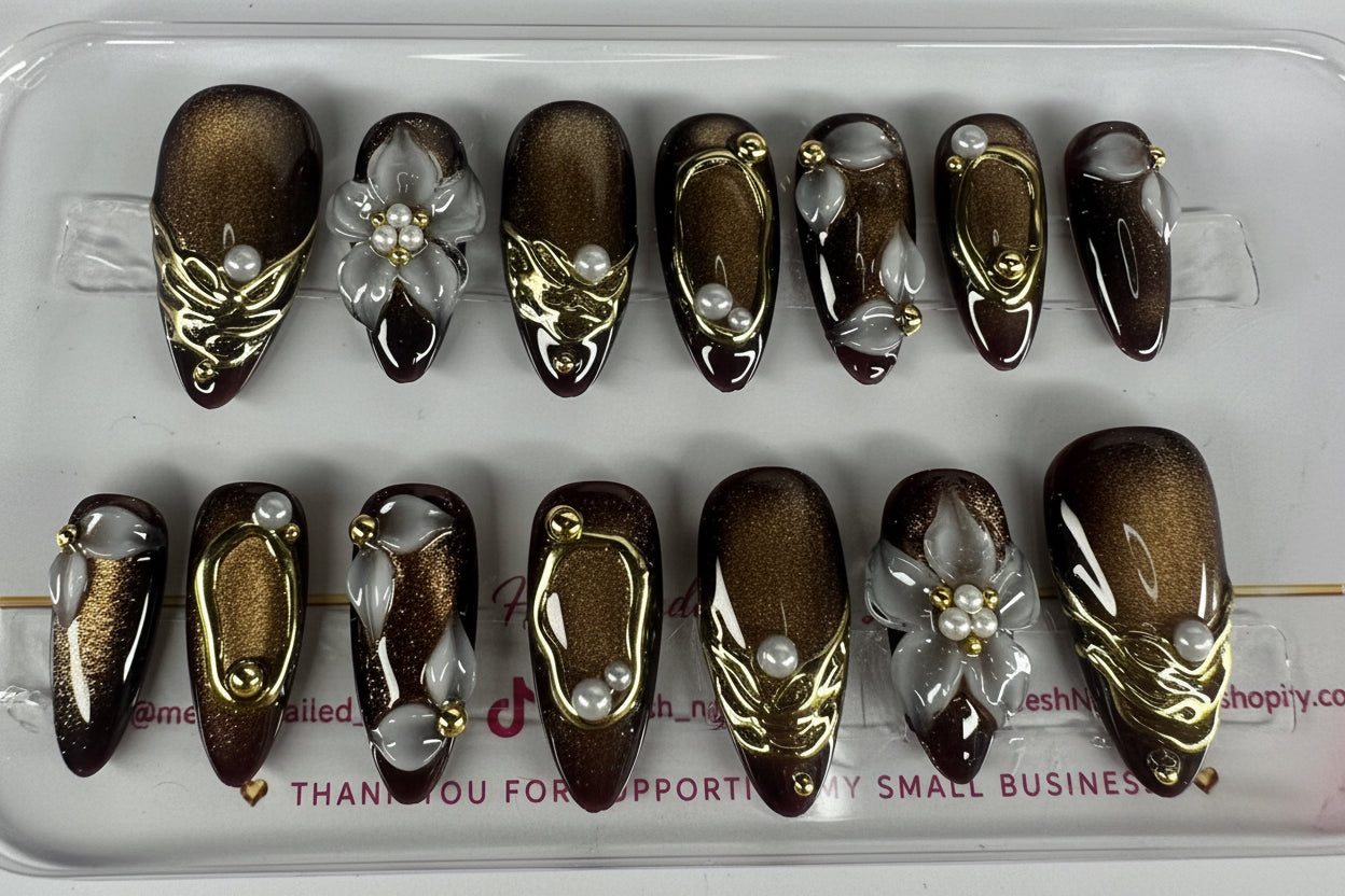 Gilded Mocha Bloom | 14-Piece Extended Size Press-On Nail Set