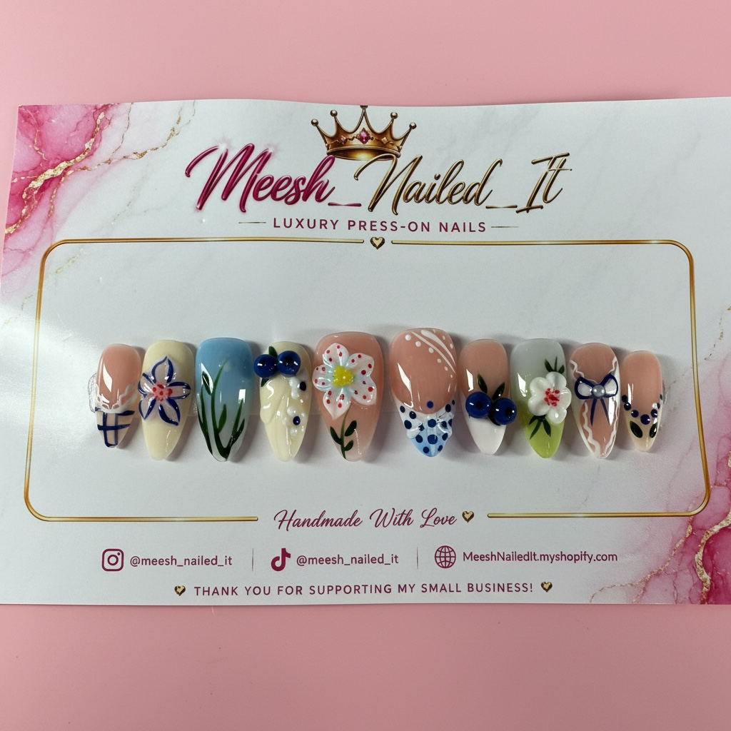 Blueberry Floral Medium Almond Press-On Nails | Size Large | Handmade 3D Nail Set