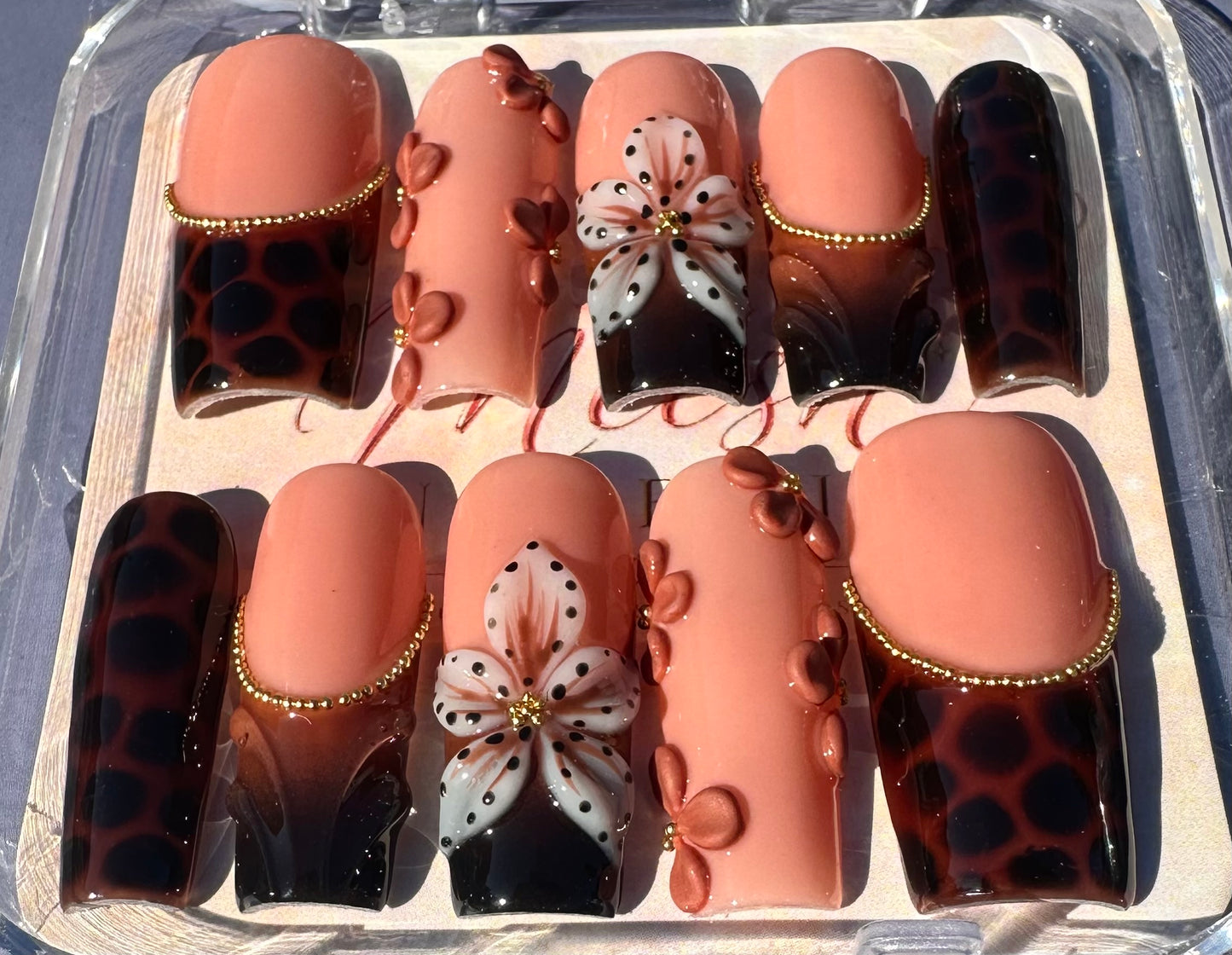 Tortoiseshell Floral French Press-On Nails – Medium Square, Size Large