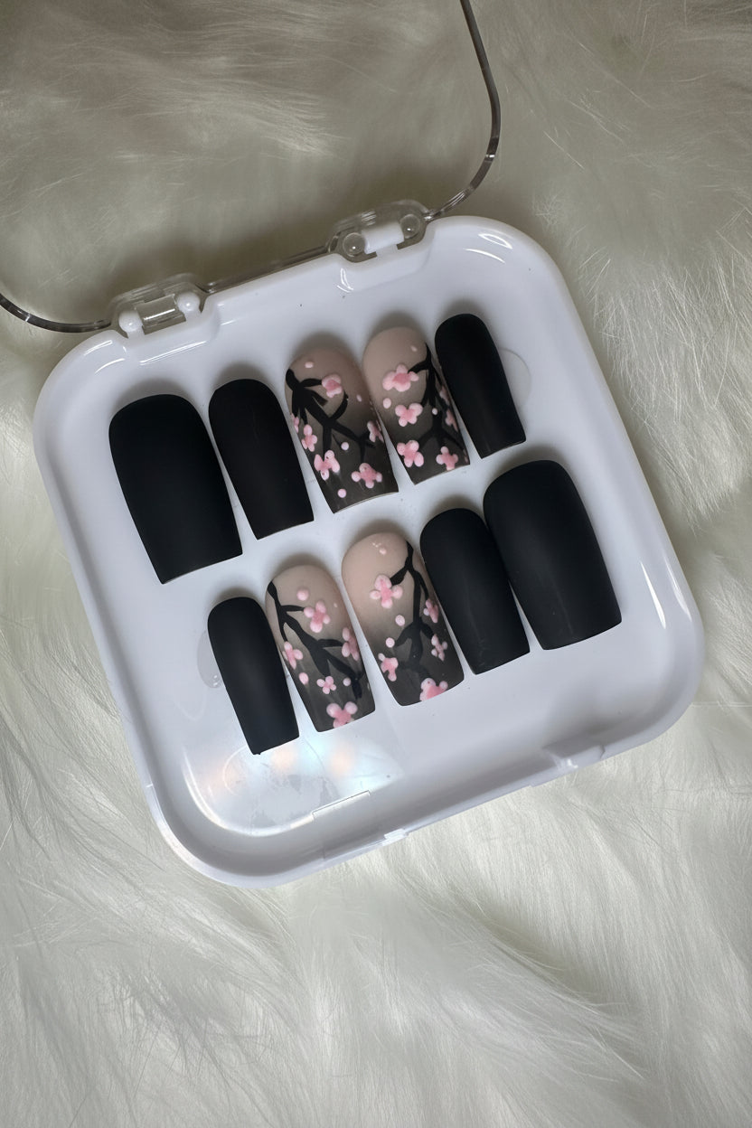 Midnight Sakura | Medium Square Press-On Nails | Size Large