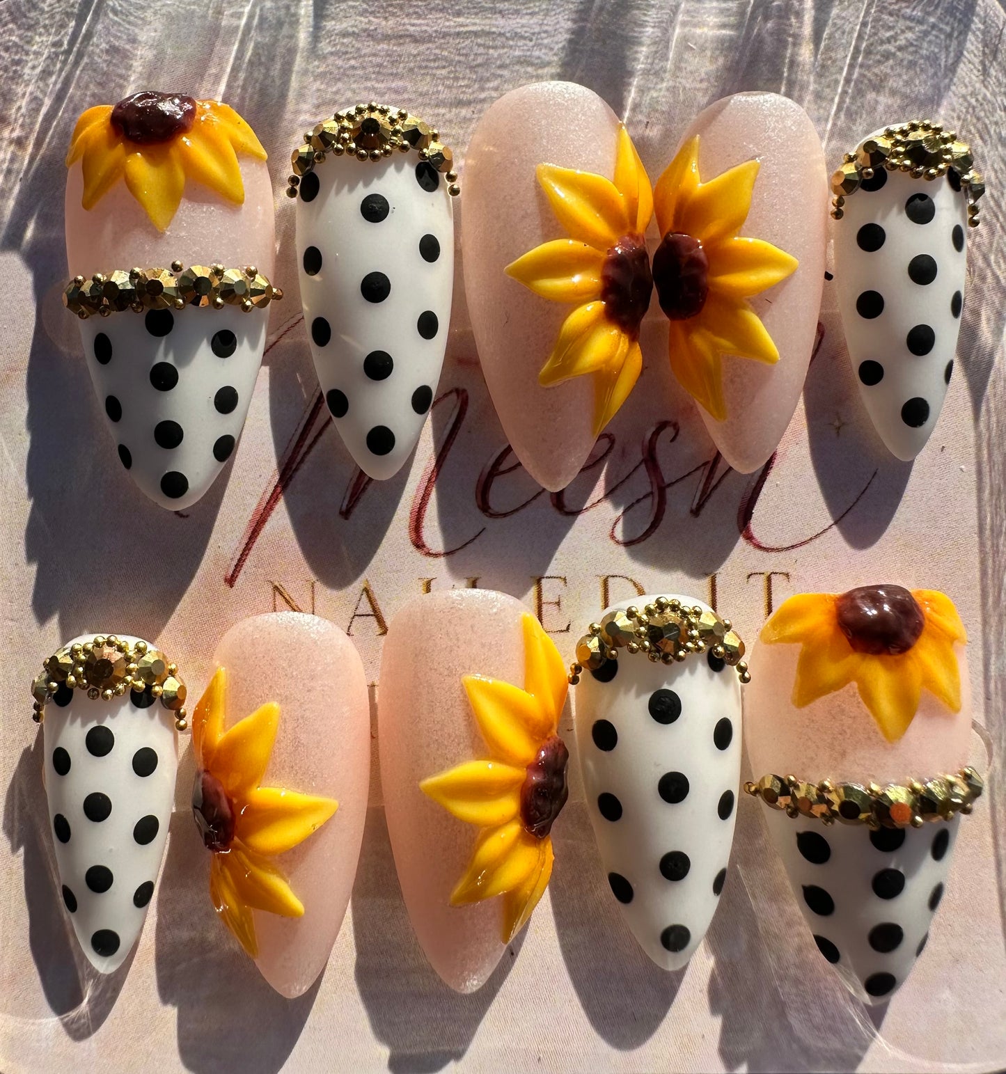 Sunflower Polka Dot Press-On Nails – Medium Almond, Size Medium