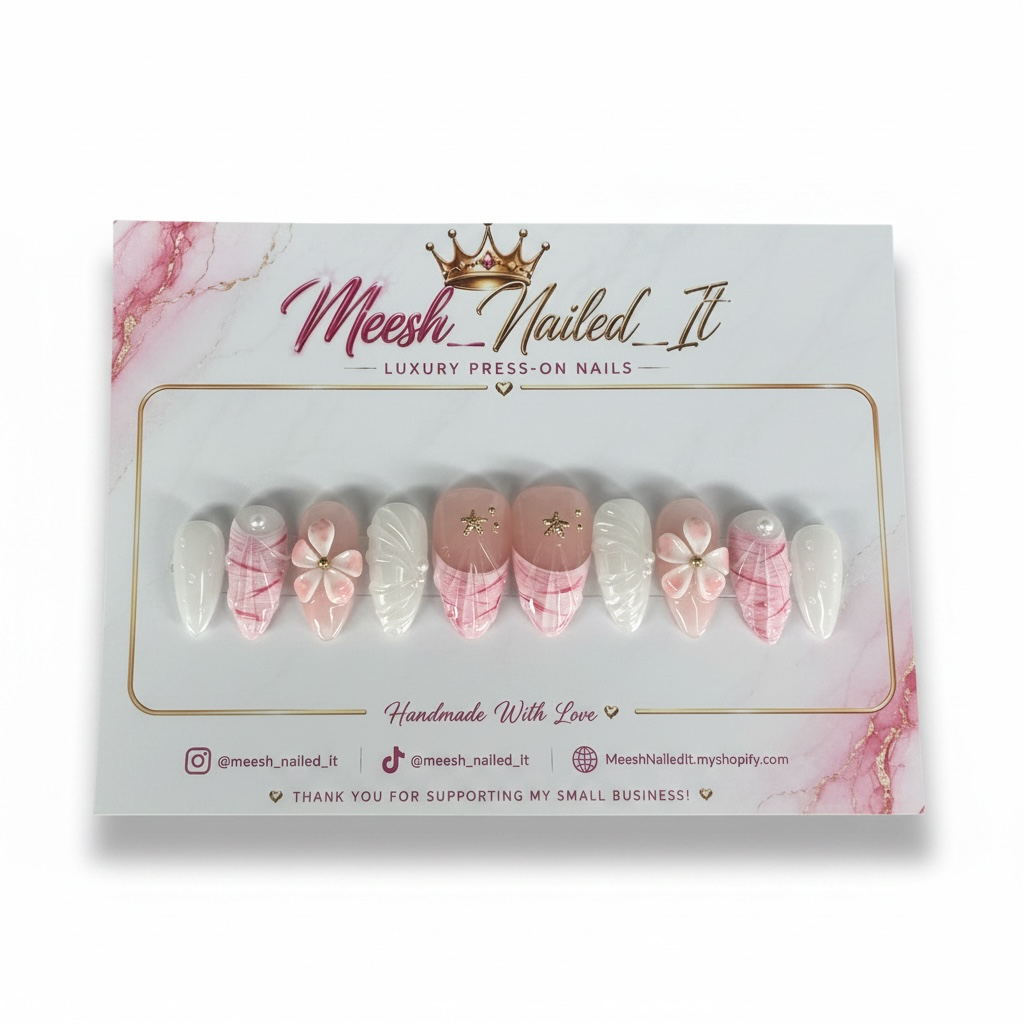 Pink Plaid Blossom Press-On Nails | Medium Almond | Size Medium | Handmade Floral Nail Set