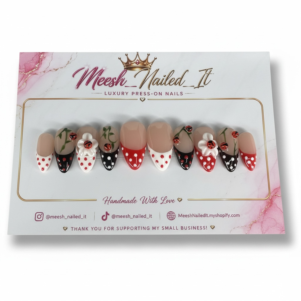 Lucky Ladybug Garden Press-On Nails | Medium Almond | Size Large | Handmade Floral Nail Set