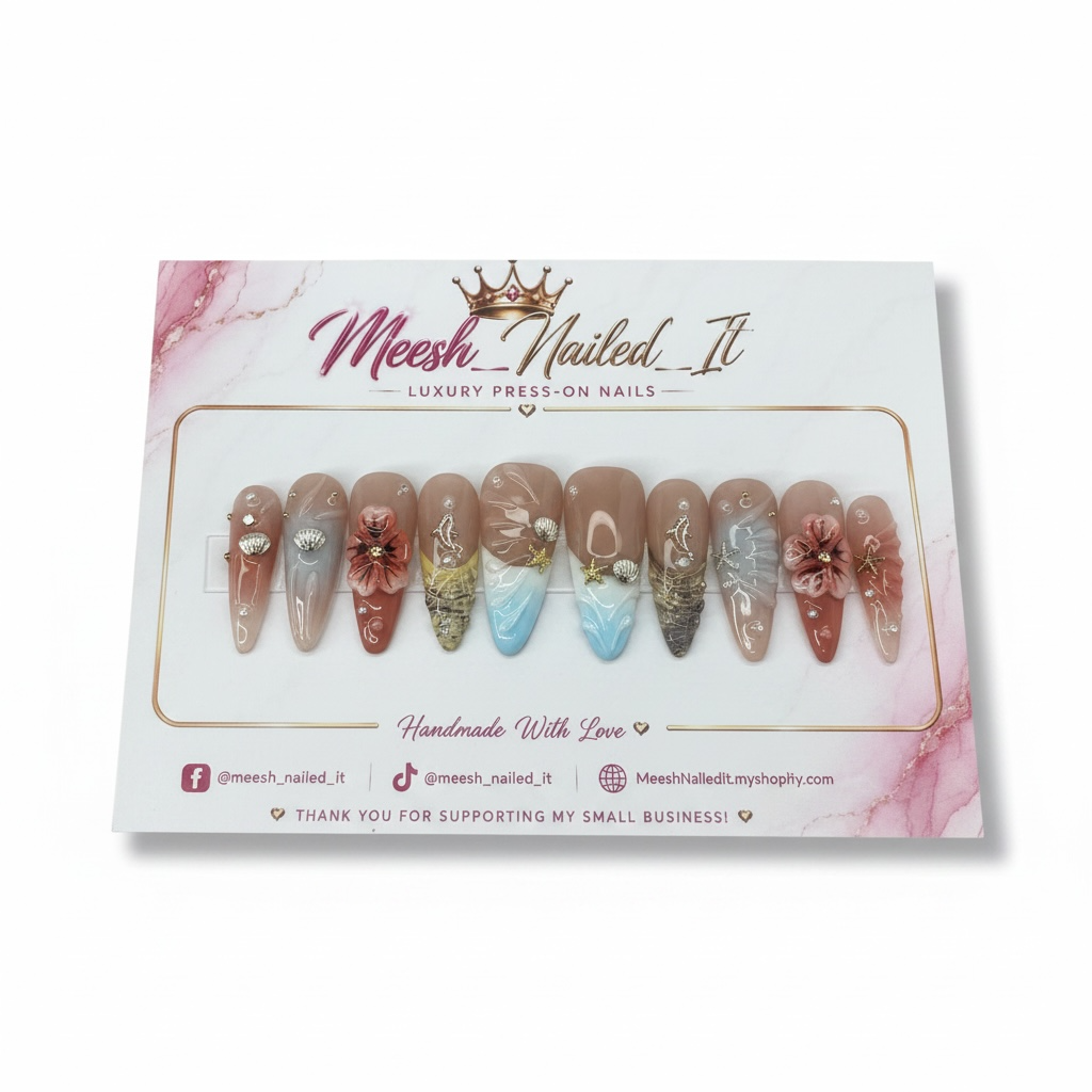Seaside Bloom Luxury Press-On Nails | Long Stiletto | Size Large | Handmade Ocean Floral Nail Set
