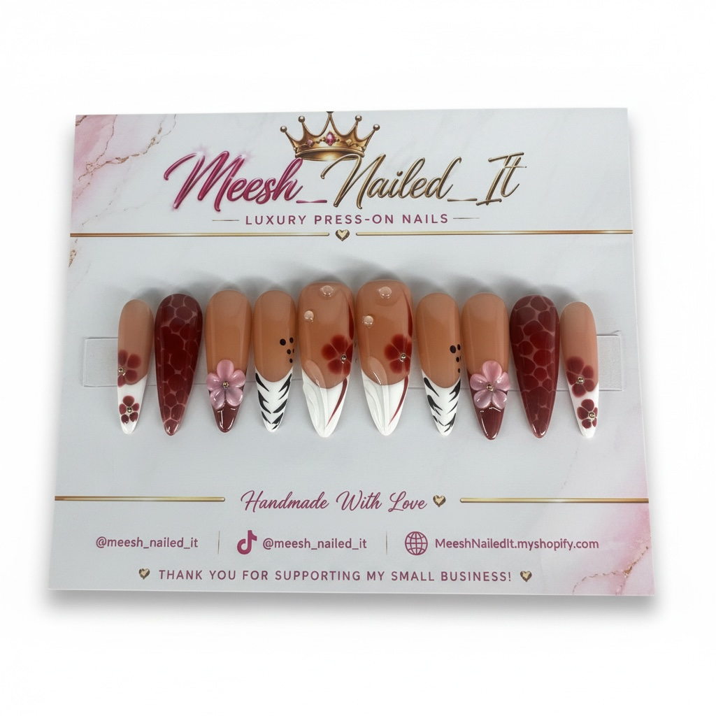 Burgundy Botanical Bloom Press-On Nails | Long Stiletto | Size Small | Handmade Floral Nail Set