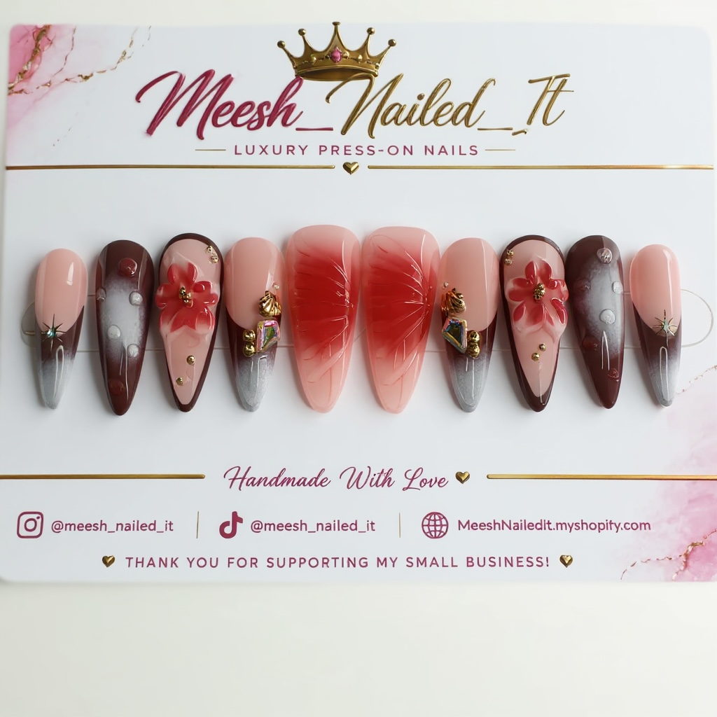 Crimson Bloom Luxury Press-On Nails | Long Stiletto | Size Medium | Handmade Floral Gem Nail Set