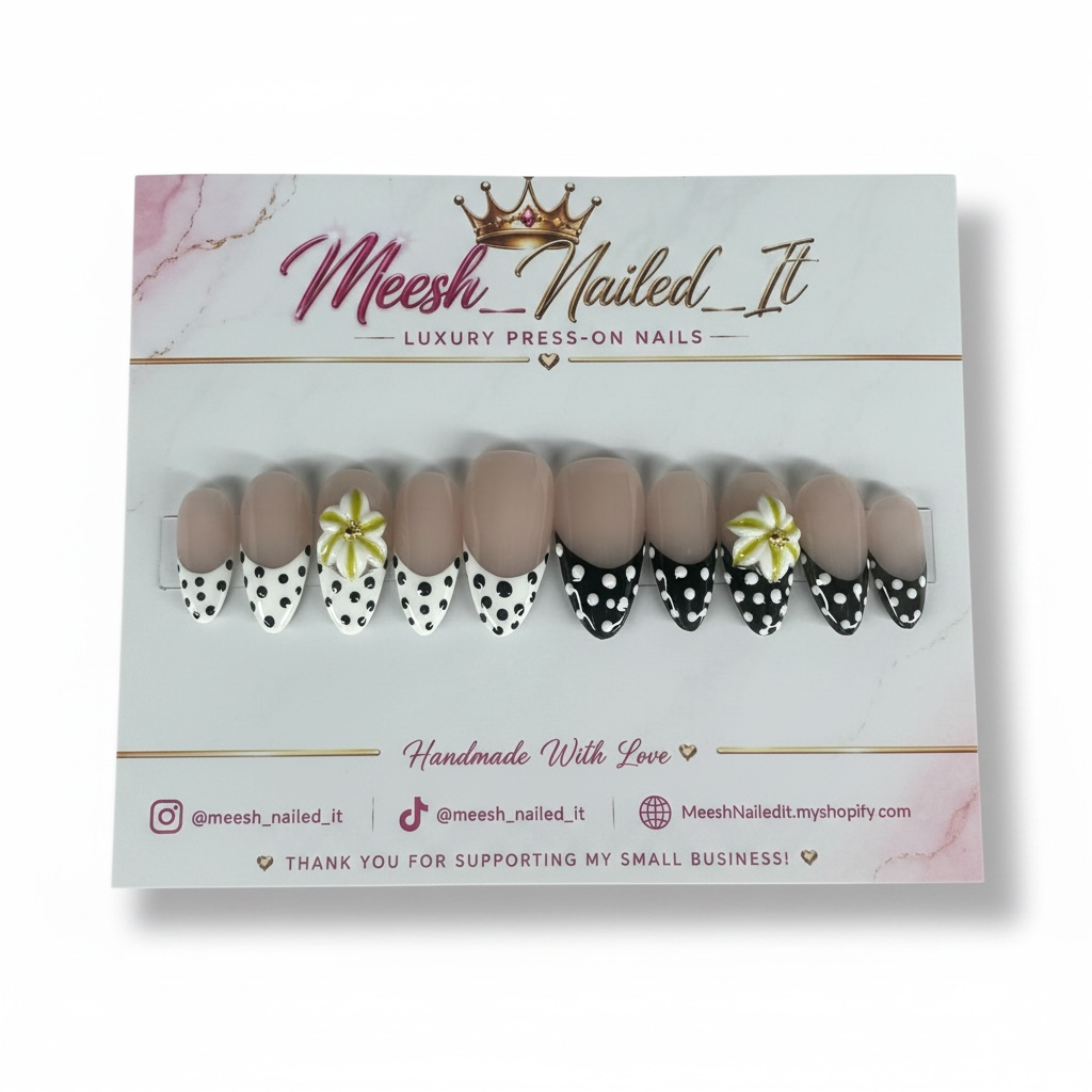 Polka Dot Bloom Press-On Nails | Medium Almond | Size Medium | Black & White French Tips with 3D Flowers
