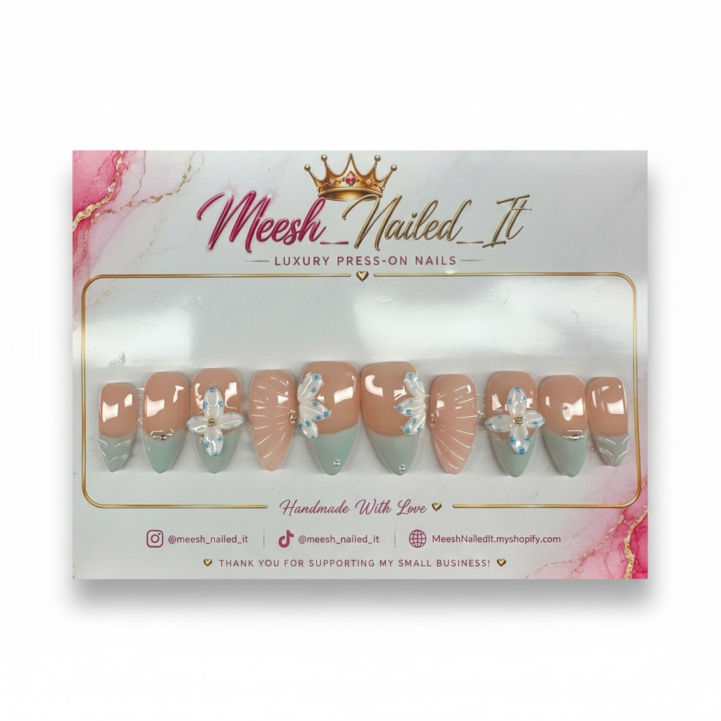 Sea Glass Bloom | Handmade Medium Almond Press-On Nails | Size Large