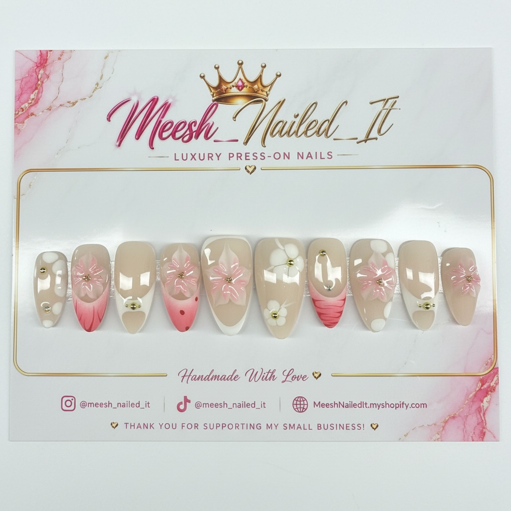 Blush Petal Garden | Handmade Medium Almond Press-On Nails | Size Large