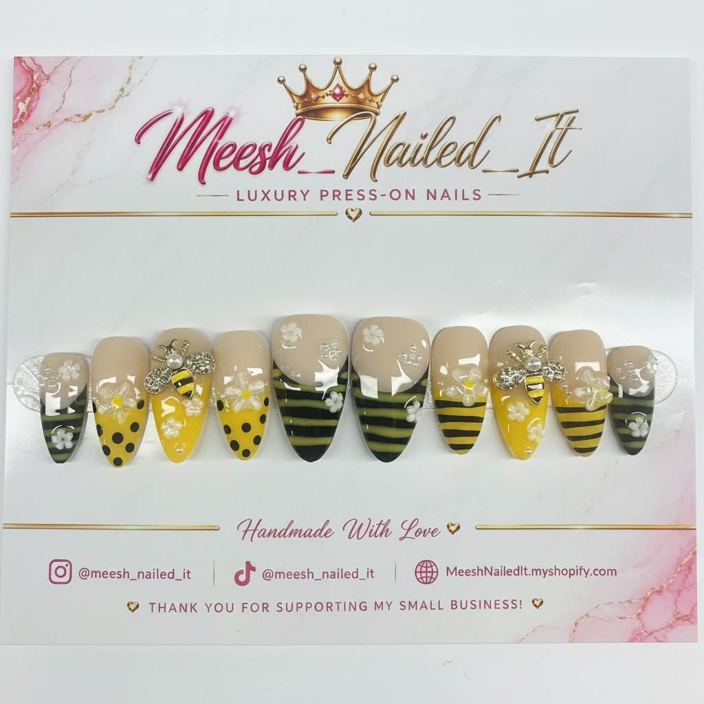 Queen Bee Garden | Handmade Medium Almond Press-On Nails | Size Medium