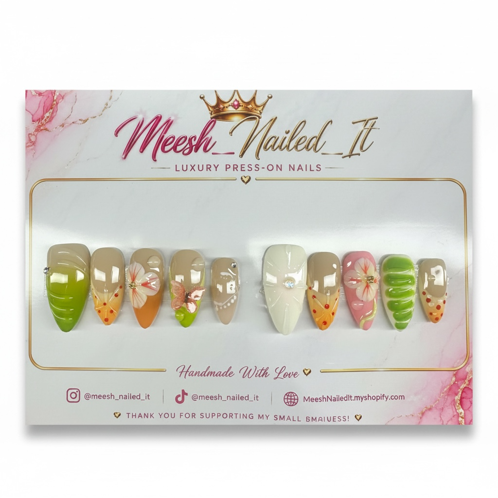 Tropical Bloom | Handmade Medium Almond Press-On Nails | Size Small