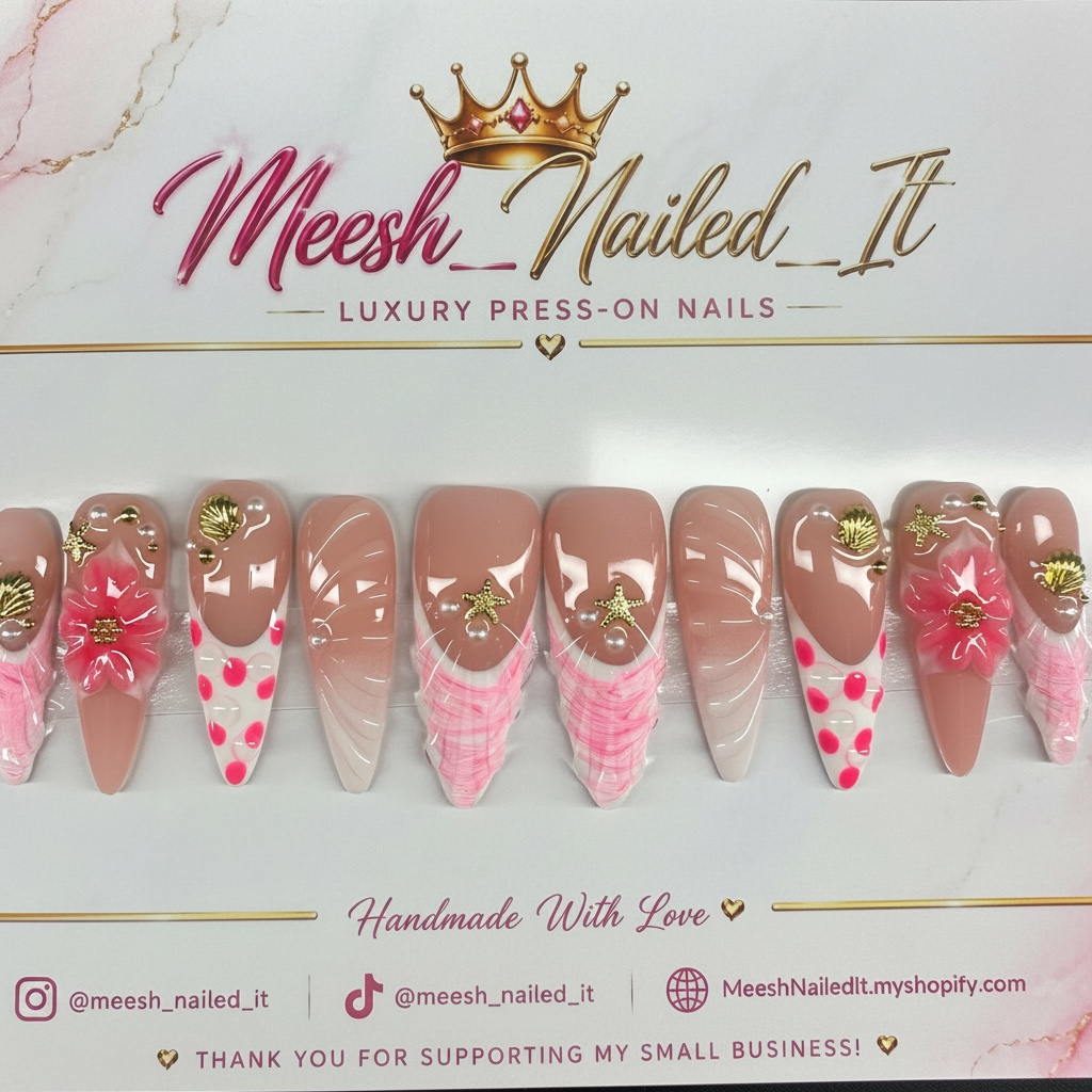Pink Coastal Treasure | Handmade Long Stiletto Press-On Nails | Size Small