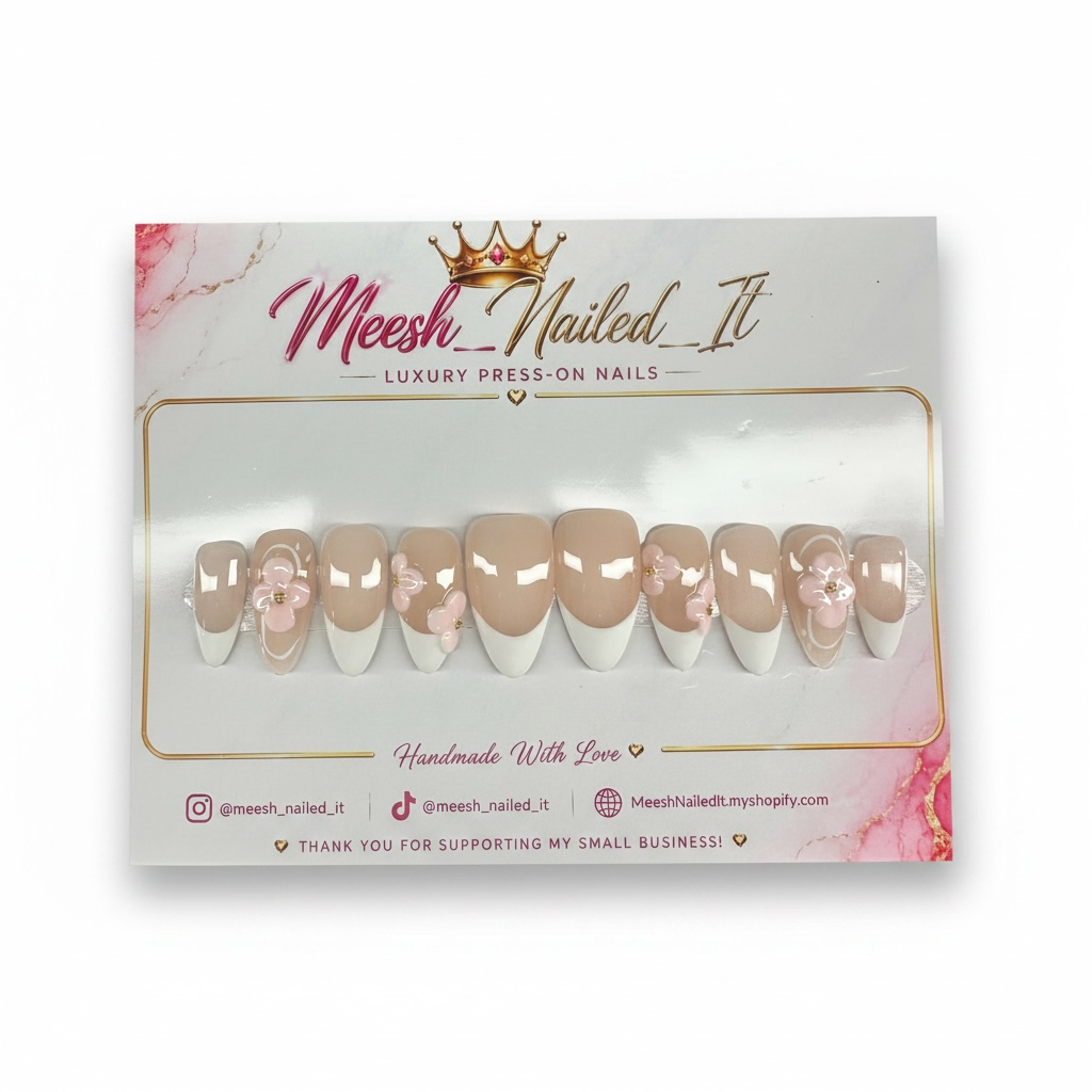 Blush Garden French | Handmade Medium Almond Press-On Nails | Size Medium