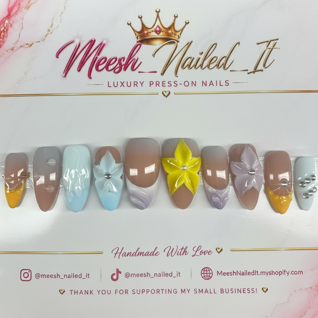 Pastel Petals | Handmade Medium Almond Press-On Nails | Size Medium