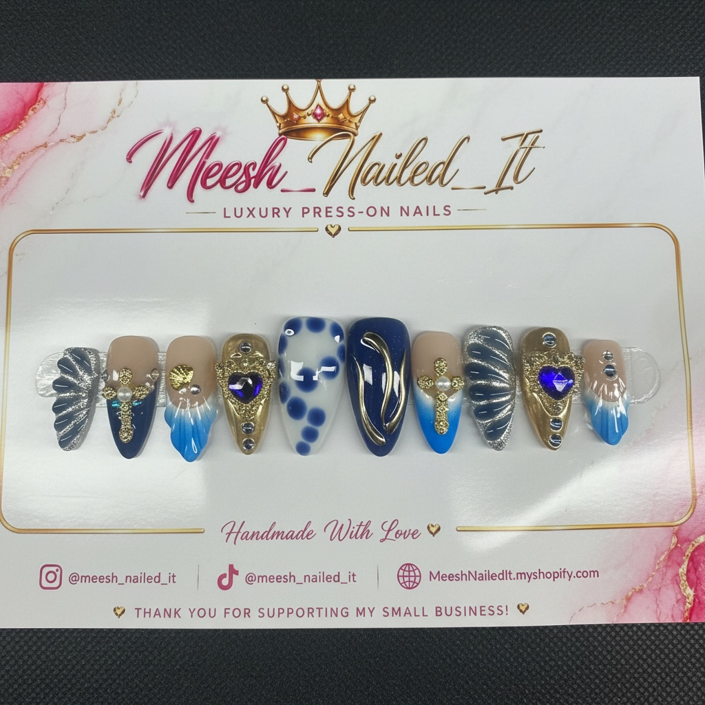 Sapphire Siren | Handmade Medium Almond Press-On Nails | Size medium