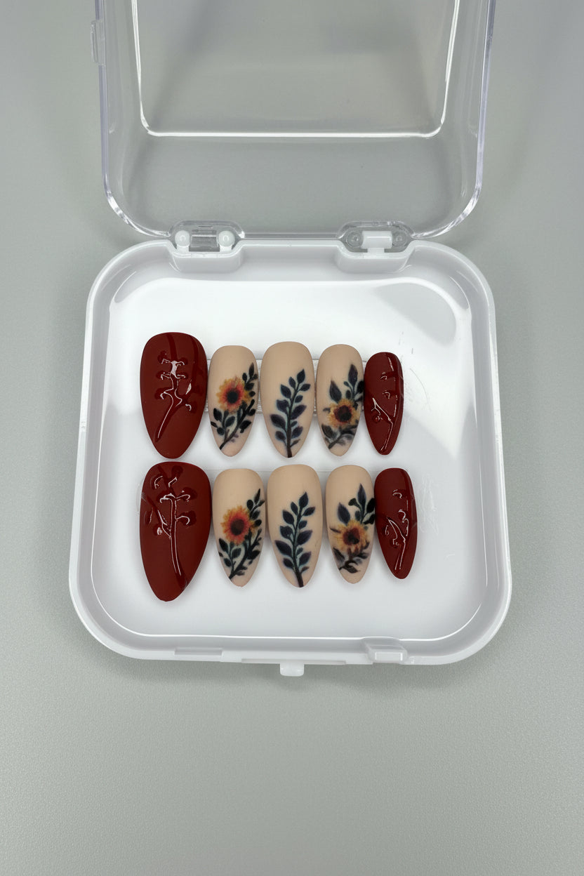 Rustic Sunflower Botanical Press-On Nails | Medium Almond | Size Medium