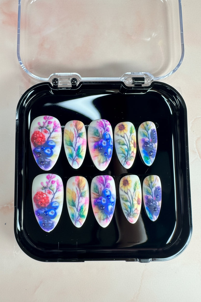 Watercolor Wildflower Garden Press-On Nails | Medium Almond | Size Large