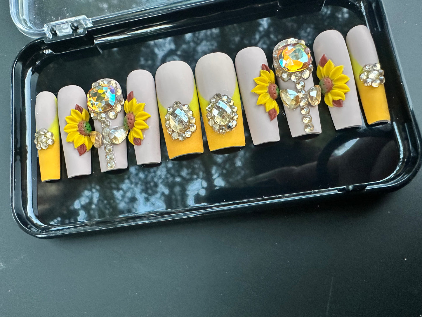 Golden Sunflower Glam Press-On Nails | Long Square | Size Medium
